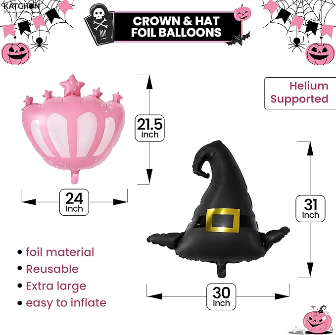 KatchOn, Happy Birthday Balloon Banner - Pack of 3 | Crown and Baby Witch Hat for Witch Birthday Decoration | Halloween Birthday Party Decorations for Kids | Wicked Party Decorations