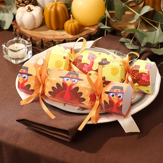 Xinnun 50 Packs Thanksgiving Cracker Kit No Snap Party Table Favors Pumpkin Maple Leaf DIY Thanksgiving Party Cracker Candy Boxes for Holiday Dinner Decoration Gift(Turkey)