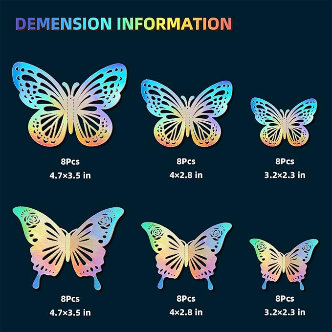 Laser Butterfly Wall Decor, 48Pcs 2 Styles 3 Sizes Butterflies for Birthday Cake Cupcake Toppers, 3D Paper Iridescent Sticker Graduation Grad Cap Decorations Baby Shower Girl Room Nursery Decals