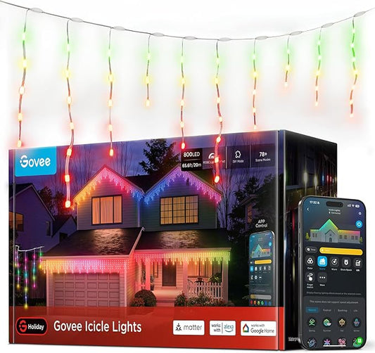 Govee Icicle Lights, Smart RGBIC Christmas Lights for Outside, 66ft with 800 LEDs Icicle Light for Outdoor, IP67 Waterproof, Music Sync, Voice Control, 78+ Scene Modes for Halloween Decor