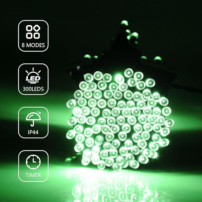 MEHOFOND 105ft 300 LED String Lights - Green LED, 8 Modes, Waterproof, Plug-in, Indoor/Outdoor, Christmas & Halloween Decorations