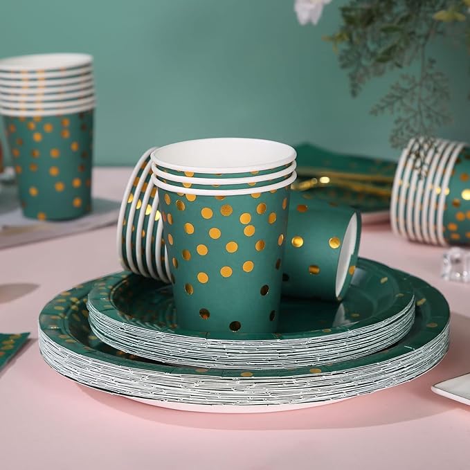 175Pcs Green Plates and Napkins Party Supplies, Green and Gold Party Decorations for Birthday Graduation Party Decorations Serve 25