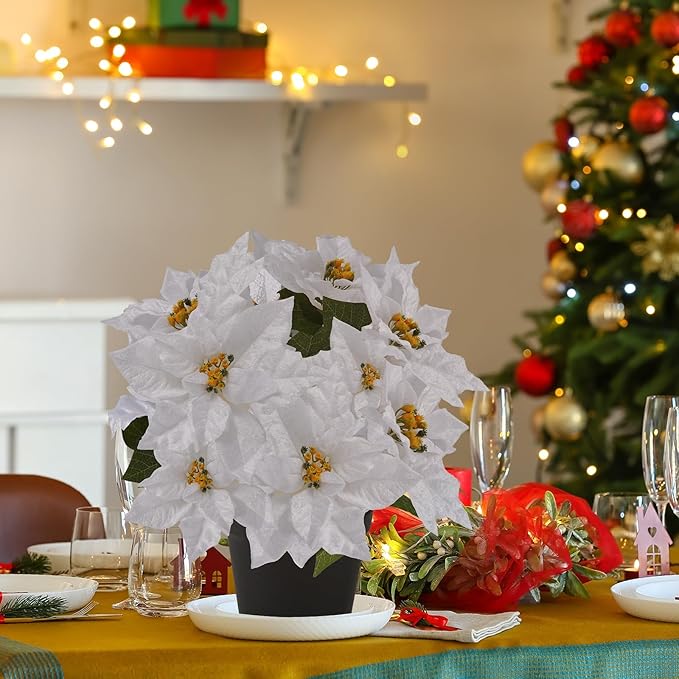 17" Poinsettias Artificial Christmas Flowers 11 Heads Fake Poinsettia Plants for Home Porch Garden Office Indoor Outdoor Christmas Winter Decorations White