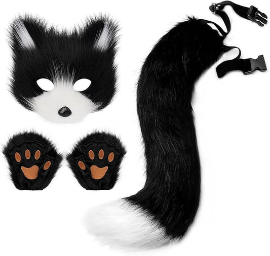 Adolala Faux Fur Fox Tail Cat Wolf Set Plush Mask Fluffy Paw Gloves Halloween Christmas Party for Women