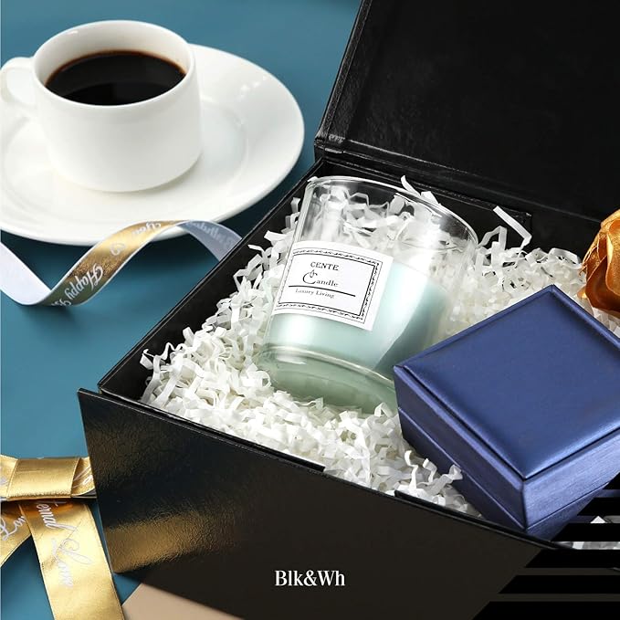 BLK&WH 6 Gift Boxes 9x6.5x3.8 Inches, Black Gift Boxes, Groomsman Boxes, Collapsible Boxes with Magnetic Closure Lids for Gift Packaging (Glossy Black with Grass Texture)