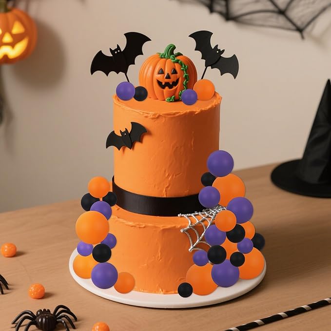 BEISHIDA 40 Pcs Foam Ball Halloween Cake Toppers with Sticks Mini Cake Decorations for Birthdays, Weddings, Baby Showers, Anniversary Party, Halloween Cake Decorations(Black, Orange, Purple)
