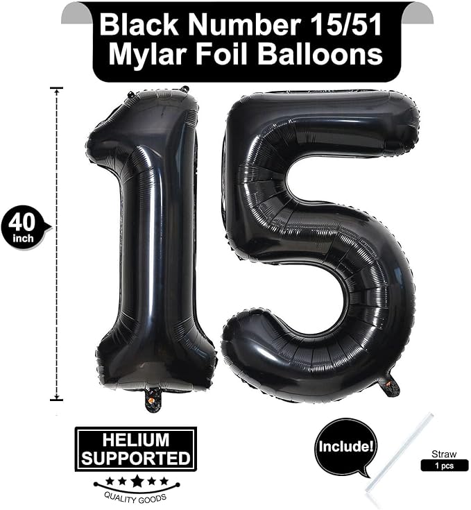 40 Inch Black 15 Number Balloons Giant 15 Balloons Black Birthday Balloons 15th Birthday Anniversary Events Party Decorations Supplies