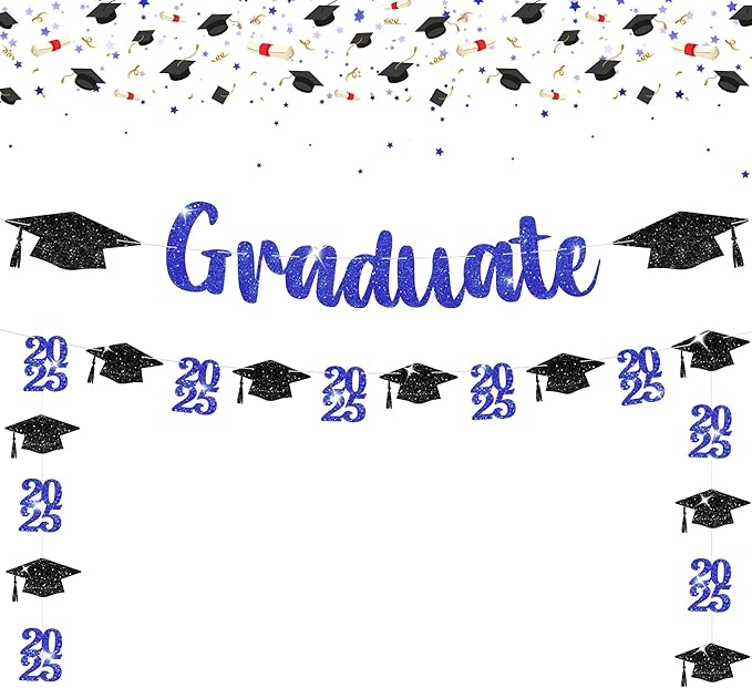 KatchOn, Glitter, Black and Blue Graduation Banner - 10 Feet | Congrats Grad Banner | Black and Blue Grad Decorations Class of 2025 | graduation Cap Garland | Graduation Decorations 2025