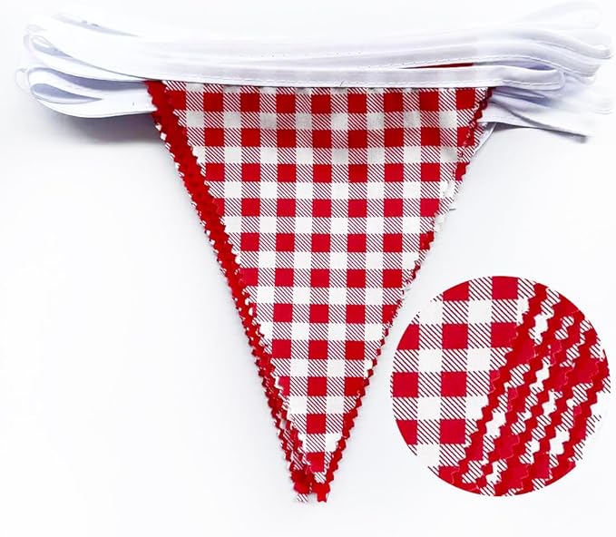 32Ft Red Gingham Party Decorations Red White Plaid Checkered Triangle Flag Pennant Fabric Garland for Birthday Baby Shower Carnival Picnic Pizza Hot Dog Farm Apple Italian Summer Party Supplies