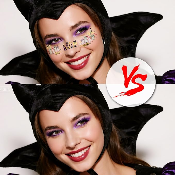 12pcs Halloween Glitter Freckles Face Tattoos Makeup Patches with Pumpkin, Bat, Spider, Witch, Skull, Love Heart, Flowers Design, Face Temporary Tattoos for Adults Kids Rave Accessories