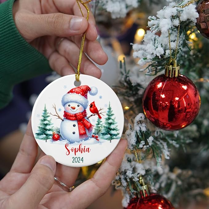 Personalized Snowman Christmas Ornament, Custom Name & Year, Snowman with Red Cardinal, Keepsakes Gifts for Family, Kids, Occasion: Christmas