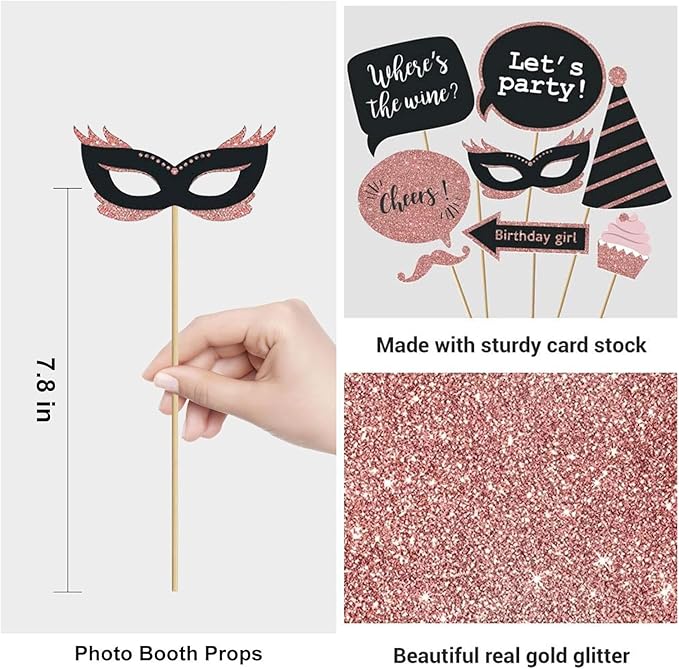 Party Birthday Photo Booth Props, 30Pcs Set of Happy Birthday Selfie Party Supplies with Real Glitter Cute Bday Designs for Women or Girls,Easy to Assemble(Rose Gold)