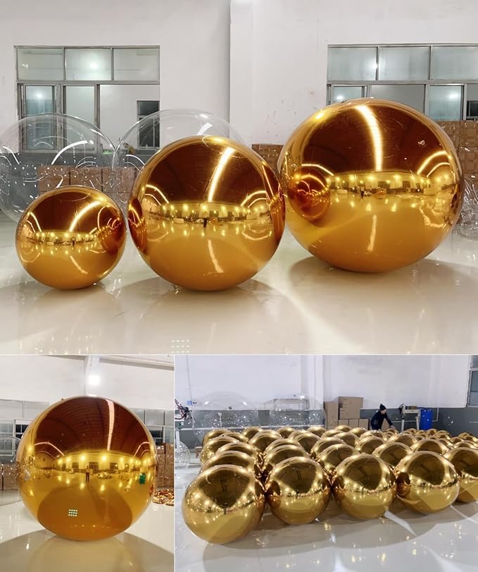 Inflatable Mirror Ball,Silver & Gold & Iridescent Giant Mirror Balloon,Big Shinny Balls,Reusable PVC Hanging Disco Sphere For Party & Wedding & Event Decoration (Gold, 48in 3.9ft 1.2m)