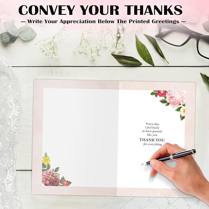 Thank You Card for Parents - Floral Design Perfect Heartfelt Appreciation Gift for Mom, Dad, Mother's Day, Father's Day or Just Because (5.5x8 Inch, Envelope Included)