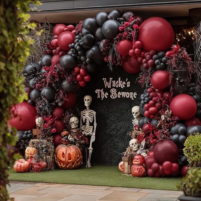 Black Red Balloon Arch Double Stuffed Black Burgundy Maroon Balloons Dark Ruby Red Metallic Balloon Garland Kit for Birthday Wedding Halloween Casino Anniversary Graduation Party Decoration