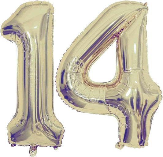 Champagne Gold 14 Number Balloons, 40 Inch Giant Number 14 Balloons Foil Mylar Helium Light Gold Number Balloons for 14th Birthday Party Supplies Anniversary Event Celebration Decorations
