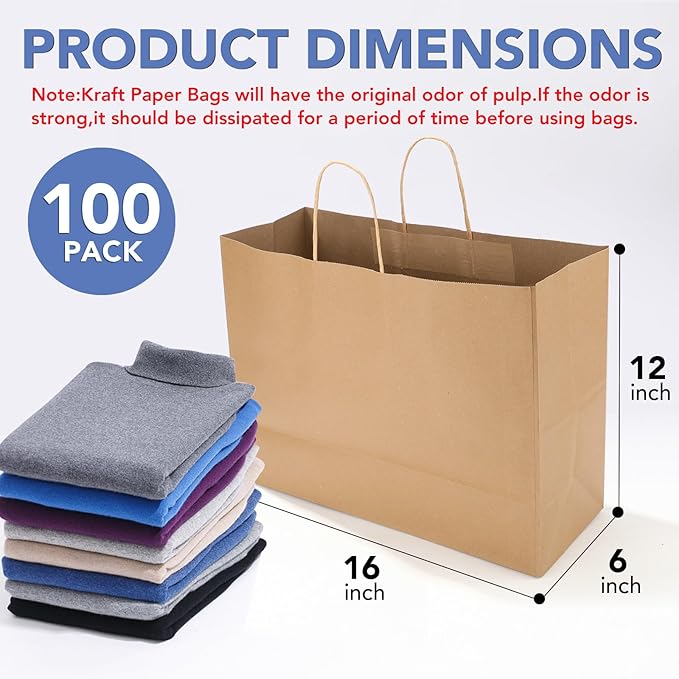 XPCARE 100Pack Large Paper Bags with Handles, 16x6x12 Inch Brown Paper Bag Kraft Shopping Bags for Business Merchandise Wedding Party Favor