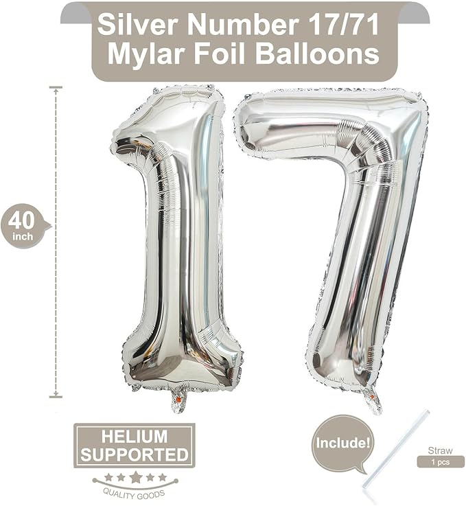 40 Inch Silver 17 Number Balloons Giant 17 Balloons Silver Birthday 17 Balloons 17th Birthday Anniversary Party Decorations Supplies