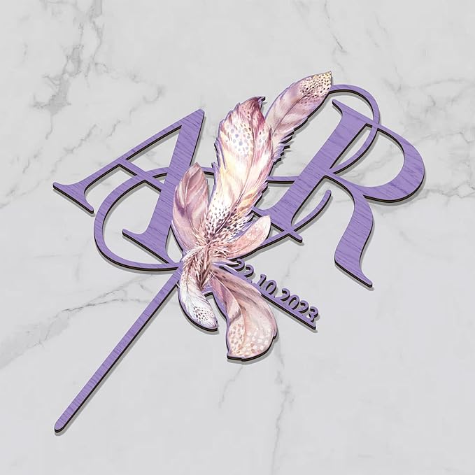 Personalized Boho Wedding Cake Topper in Wood Custom Bride and Groom Initial Cake Topper Wedding Date Cake Decoration (Boho Feather)