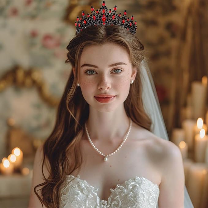 Black Red Tiara for Women Crystal Queen Crowns Rhinestone Princess Tiaras for Girl Wedding Headband for Bride Hair Accessories for Halloween Costume Birthday Party Prom Mother's Gifts