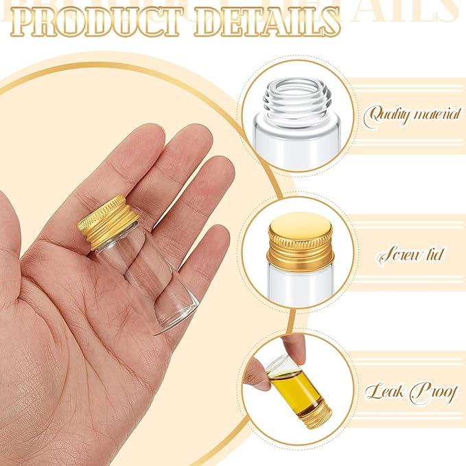200 Pcs Small Clear Vials Spice Mini Jars with Lids Mini Glass Bottles with Screw Aluminum Metal Caps Tiny Jars Sample Containers for Powder Cream Cosmetic Jewelry Wedding (10 ml,Gold Caps)