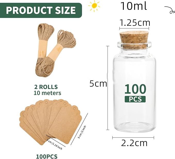 100 Pack Mini Glass Bottles with Cork 10 ml Mini Glass Vials with Cork Stoppers with Label Tags and String for Crafts Decoration Wedding Party Favors
