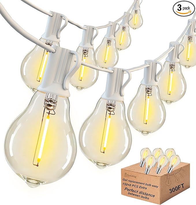 DAMAING Outdoor String Lights 300FT(3x100FT) Waterproof Patio Lights with 156 Shatterproof Dimmable LED Edison Bulbs,Connectable Outdoor Lights for Backyard Party Wedding Outside, 2200K White Cord