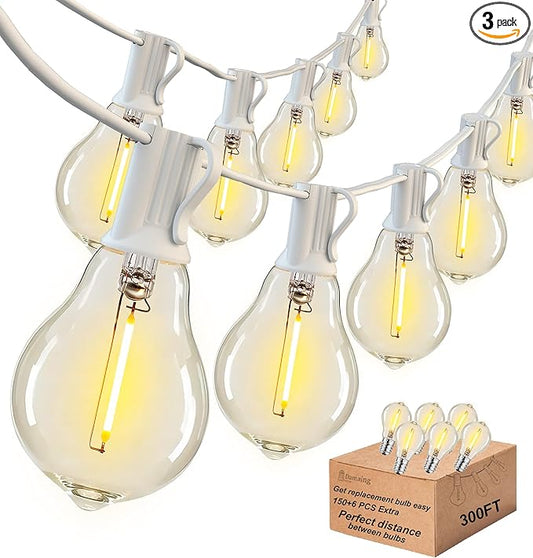 DAMAING Outdoor String Lights 300FT(3x100FT) Waterproof Patio Lights with 156 Shatterproof Dimmable LED Edison Bulbs,Connectable Outdoor Lights for Backyard Party Wedding Outside, 2200K White Cord