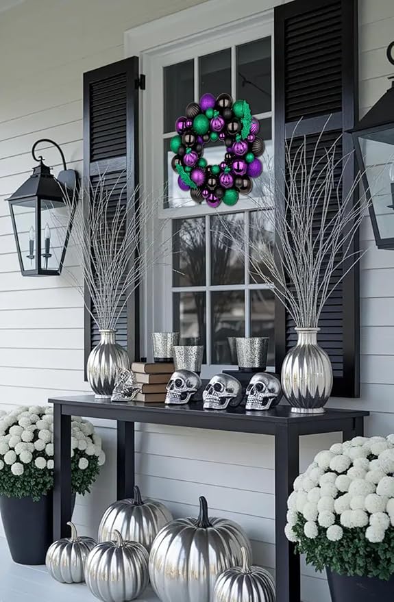 Halloween Wreath for Front Door, 13 inch Small Halloween Ball Wreath with Pumpkins Bats Shatterproof Front Door Wreaths Green/Purple/Black Ball Ornament for Wall Mantel Porch Indoor Outdoor Decor