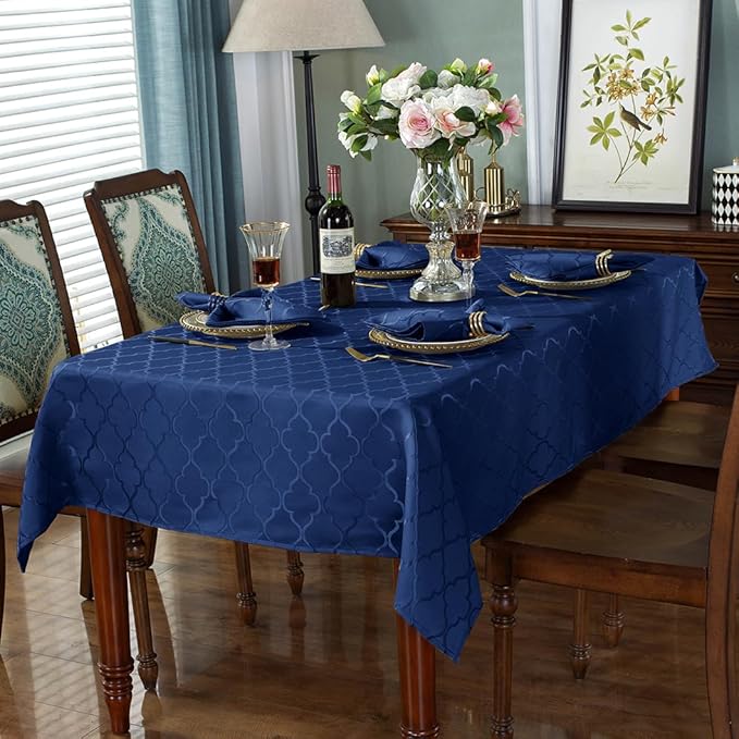 SASTYBALE Jacquard Tablecloth Flower Pattern Polyester Table Cloth Spill Proof Dust-Proof Wrinkle Resistant Table Cover for Kitchen Dining Tabletop Decor (Rectangle, 52" x 70" (4-6 Seats),Navy)