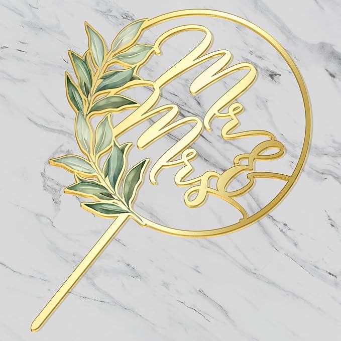 Mr & Mrs Cake Topper Gold Acrylic Greeny Wedding Cake Topper Decoration (Design 02)