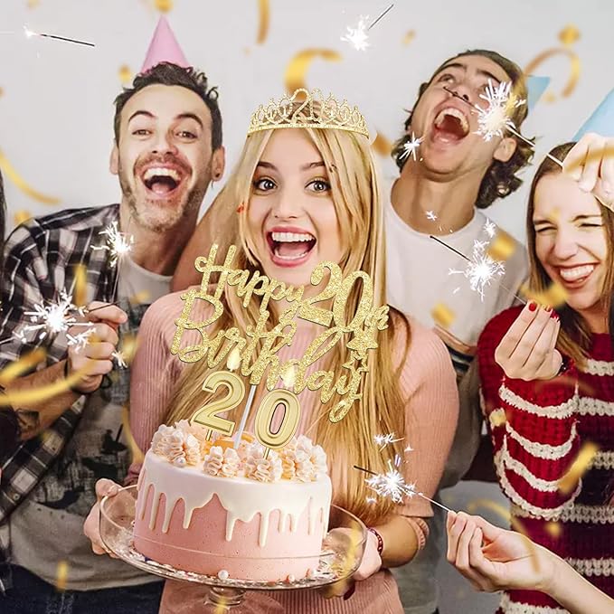 20th Birthday Decorations for Women Gold with 20th Birthday Tiara and Sash, Cake Topper and Candles, Number Balloons, 20 Year Old Gifts for Women