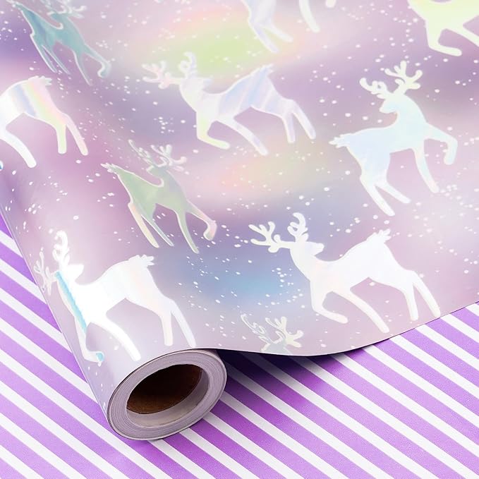 RUSPEPA Christmas Reversible Wrapping Paper Roll for Girls, Mini Roll, Colorful Foil Pastel Reindeer Design and Purple Stripes, Dreamy Gift Wrap for Christmas Gifts, Holiday, 17 Inches x 32.8 Feet