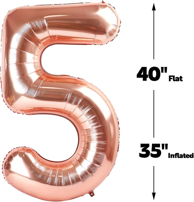 Large Rose Gold 40 Inch Birthday Number 5 Balloon, Rose Gold Five 5th 15 25 35 50 55 Birthday Anniversary Celebration Decorations, Foil Mylar Helium Numbers 5 Balloons Girl Boy Party Supplies