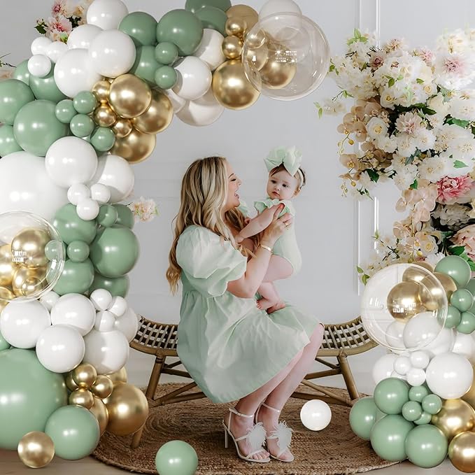 Sage Green Balloon Arch Kit 126 Pcs Neutral Green and White Metallic Gold Balloon Arch Garland Kit for Wedding Birthday Baby Shower Gender Reveal Bridal Decorations
