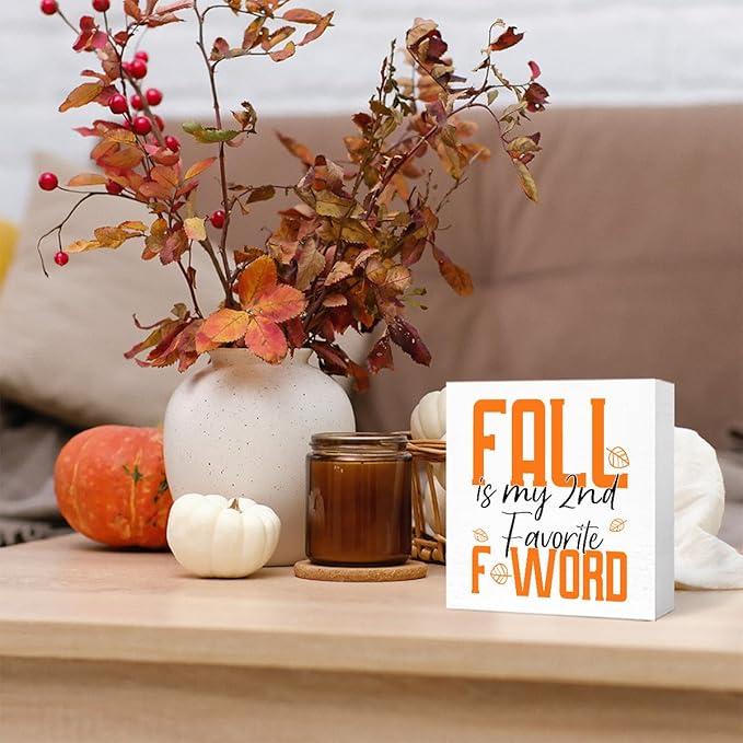 Funny Autumn Wood Box Sign Fall is My 2nd Favorite Feword Wooden Block Desk Decor for Home Office Kitchen Cubicle Table Shelf Tabletop,Farmhouse Fall Sign Decor