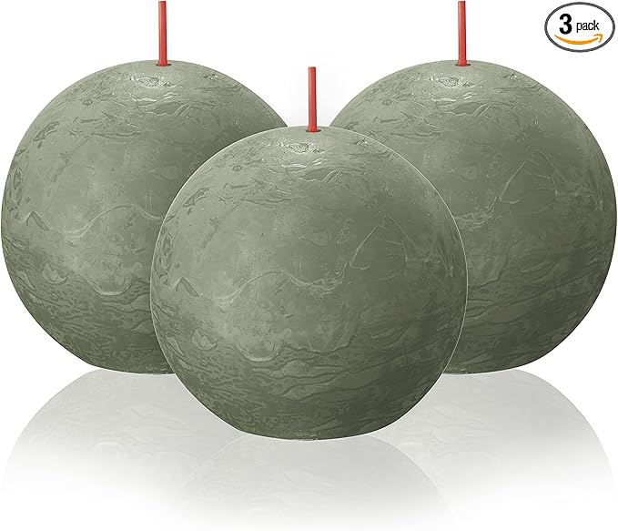 BOLSIUS 3 Pack Fresh Olive Rustic Ball Pillar Candles - 3 Inch - Premium European Quality - Includes Natural Plant-Based Wax - Unscented Dripless Smokeless 25 Hour Party Décor and Wedding Candles