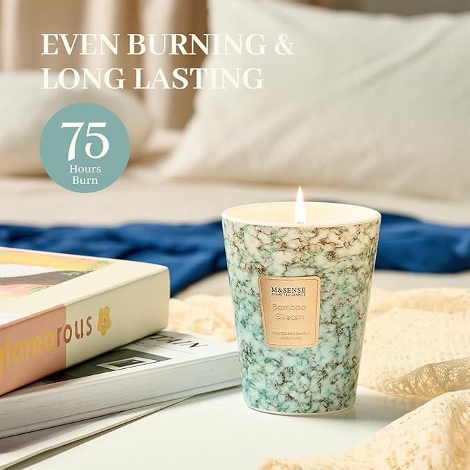 M&SENSE Bamboo Stream Scented Candles for Home, 3 Wick Highly Scented Jar Candle, 14.1 Oz 80H Long Lasting Burning Christmas Candle for Women, Aromatherapy Candles for Holiday Christmas Gift