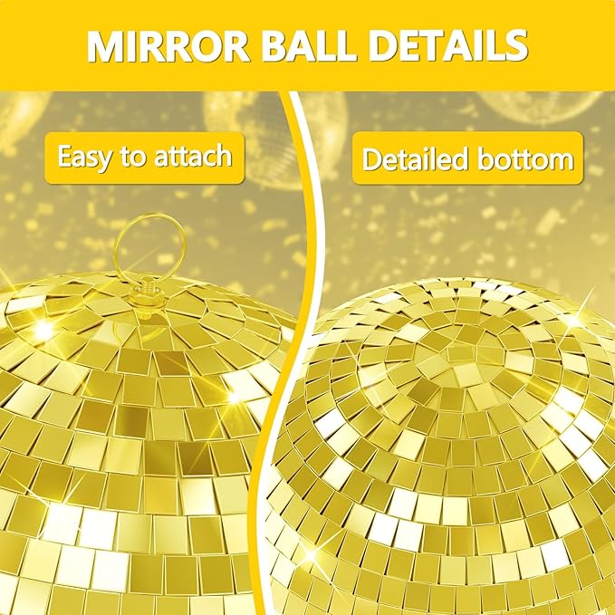 12"/16"/20" Mirror Disco Ball with Hanging Ring, for DJ Club, Party,Live Stage for Easy Installation, Disco Ball Mirror Balls Light Effect Mirrors Balls with Hanging Ring(Golden, Pink) 16inch Golden