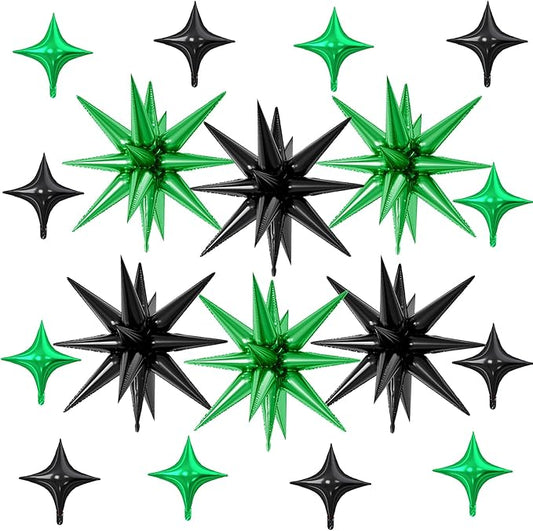 18 Pcs Black Green Star Balloons, Green and Black Balloon with 6 Pcs 22-Inch Explosion Star Balloons 12Pcs 10-Inch Four Pointed Stars Foil Balloon for Anniversary Football Birthday Party Decor