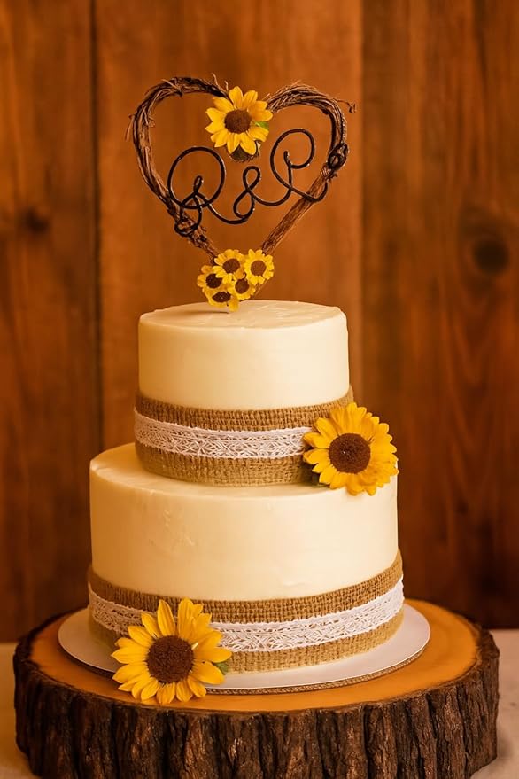 Sunflower Vine Cake Topper Personalized for Couple – Rustic Custom Keepsake for Wedding, Engagement, Bridal Shower, Anniversary, Party Decoration