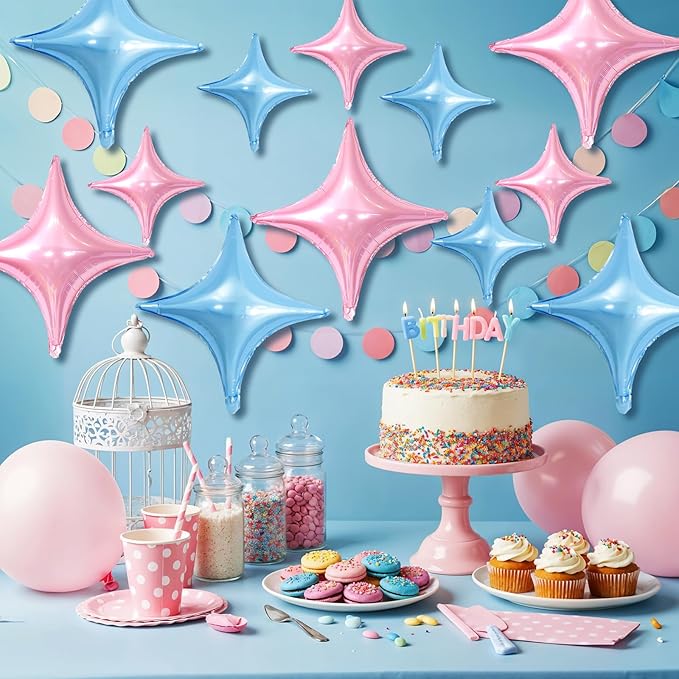 Pink Blue Star Balloons,12Pcs Four Angle Star Foil Balloons,26Inch and 10Inch Light Pink Blue Quadrangle Helium Balloon for Birthday Anniversary Party Decorations