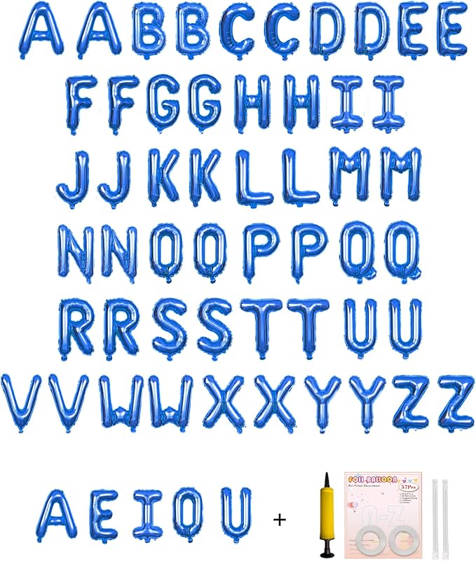 58 PCS Letter Balloons Alphabet Letters 2 Sets A- Z & 1 Sets AEIOU 16 - Inch Mylar Foil Balloons Set for Wedding/Birthdays/Annivs/Grads party Decoration Banner Custom Phrase（blue）