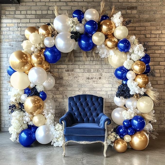 Royal Blue and Gold Balloon Garland - Double Stuffed Pearl Sand White Blue Gold Balloons Arch Kit for Birthday Graduation Anniversary Bachelorette Wedding Baby Shower Party Decoration