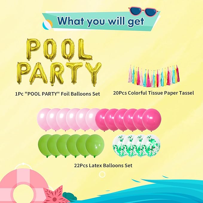 Pool Party Decorations for Girls Kids Birthday Summer Beach Party Decorations Pool Party Favors Supplies Summer Birthday Party Decorations Tropical Luau Hawaiian Party for Boys Pool Party Balloons