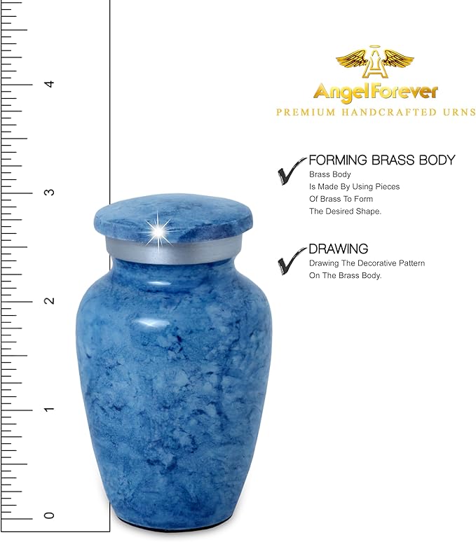 Small Keepsake Urn for Human or Pet Ashes – Handcrafted Light Blue Marble Mini Urn with Velvet Bag & Gift Box | Durable Metal Memorial Token Jar for Baby, Infant, Pet or Loved One – 3 Cu in