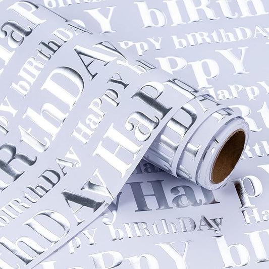 WRAPAHOLIC 3D Kraft Birthday Wrapping Paper Roll - Mini Roll - 17 Inch x 16.5 Feet - Silver and White Happy Birthday Lettering Design with Embossed Perfect for Holiday, Party Celebration
