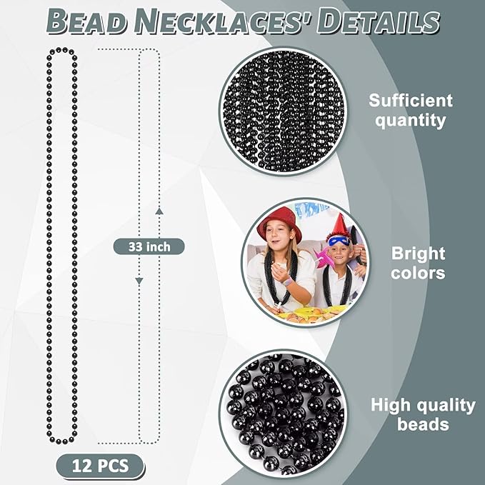 Bead Necklace, 12PCS Halloween Black Bead Necklaces Stuff Accessories, 33" Mardi Gras Beads Necklace Costume, Festival Parade Throw Accessory Sets for Halloween Party Events Supplies Decor
