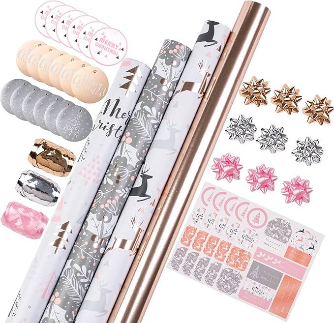 WRAPAHOLIC Christmas Wrapping Paper Set - Rose Gold and Pink Holiday Design with Metallic Foil Shine Wrapping Paper Bundle with Gift Bow & Ribbon & Tag & Sticker