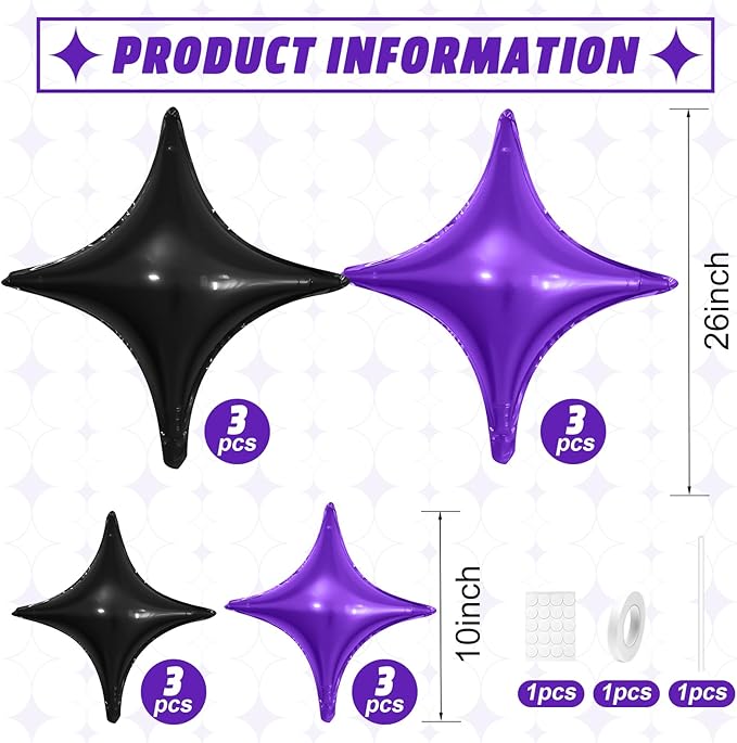 Black Purple Star Balloons,12Pcs Four Angle Star Foil Balloons,26Inch and 10Inch Black Purple Quadrangle Helium Balloon for Halloween Birthday Baby Shower Anniversary Party Decorations
